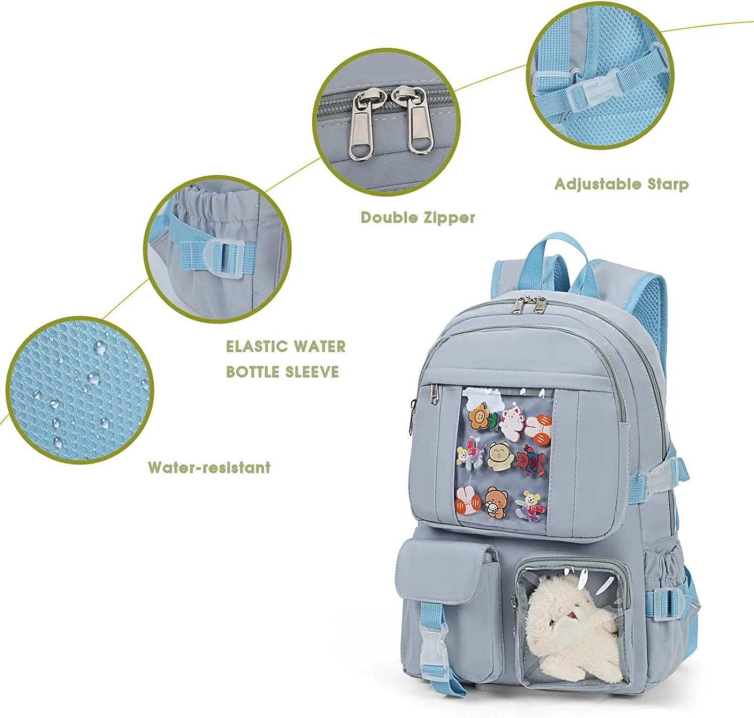 Kawaii Backpack for Girls, Cute Aesthetic Backpack for School, Kawaii Bookbag with Pins Accessories and Pendant，Blue