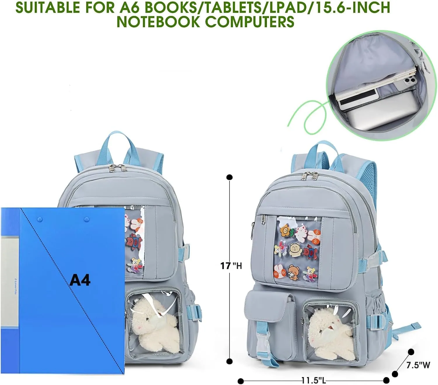 Kawaii Backpack for Girls, Cute Aesthetic Backpack for School, Kawaii Bookbag with Pins Accessories and Pendant，Blue