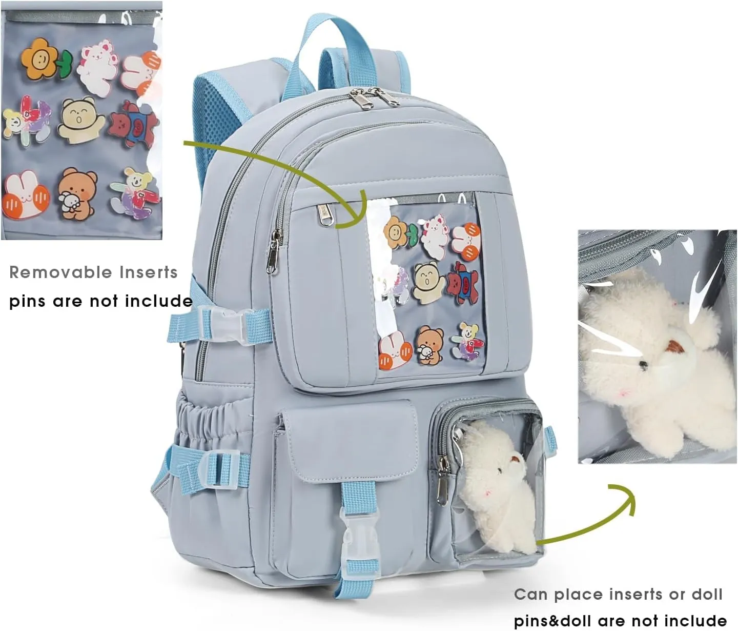 Kawaii Backpack for Girls, Cute Aesthetic Backpack for School, Kawaii Bookbag with Pins Accessories and Pendant，Blue