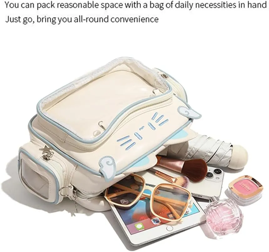 Kawaii Ita Bag,Cute Cat Pin Display Bag Women Backpacks PU Leather Tote Bag with Inserts Y2K Shoulder Crossbody Bag (BLACK-A)