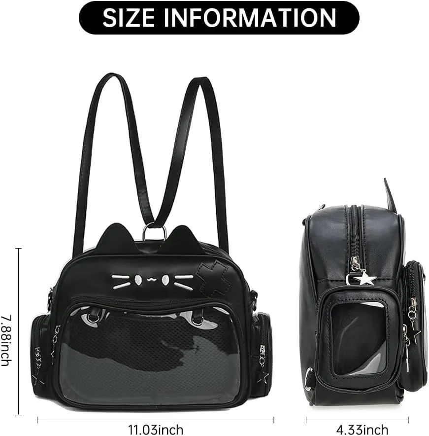 Kawaii Ita Bag,Cute Cat Pin Display Bag Women Backpacks PU Leather Tote Bag with Inserts Y2K Shoulder Crossbody Bag (BLACK-A)