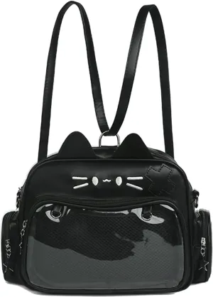 Kawaii Ita Bag,Cute Cat Pin Display Bag Women Backpacks PU Leather Tote Bag with Inserts Y2K Shoulder Crossbody Bag (BLACK-A)