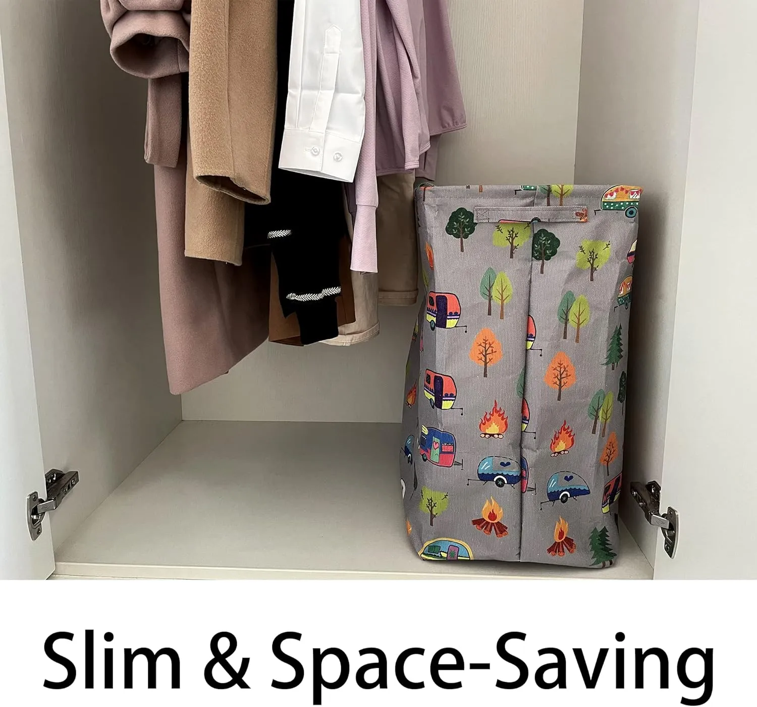 Kay&J Collapsible 60L Laundry Hamper, Slim and Tall Laundry Basket, Long Handles for Portability, Great for Home and Camper Use, Camper Gift RV Travel Trailer Camper Decor Accessories
