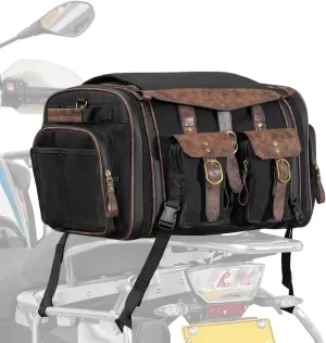 KEMIMOTO Motorcycle Luggage, 60L Expandable Motorcycle Tail Bag Waxed Canvas & Leather Trunk with Waterproof Zippers, Non-Slip Straps fits Most Rear Racks