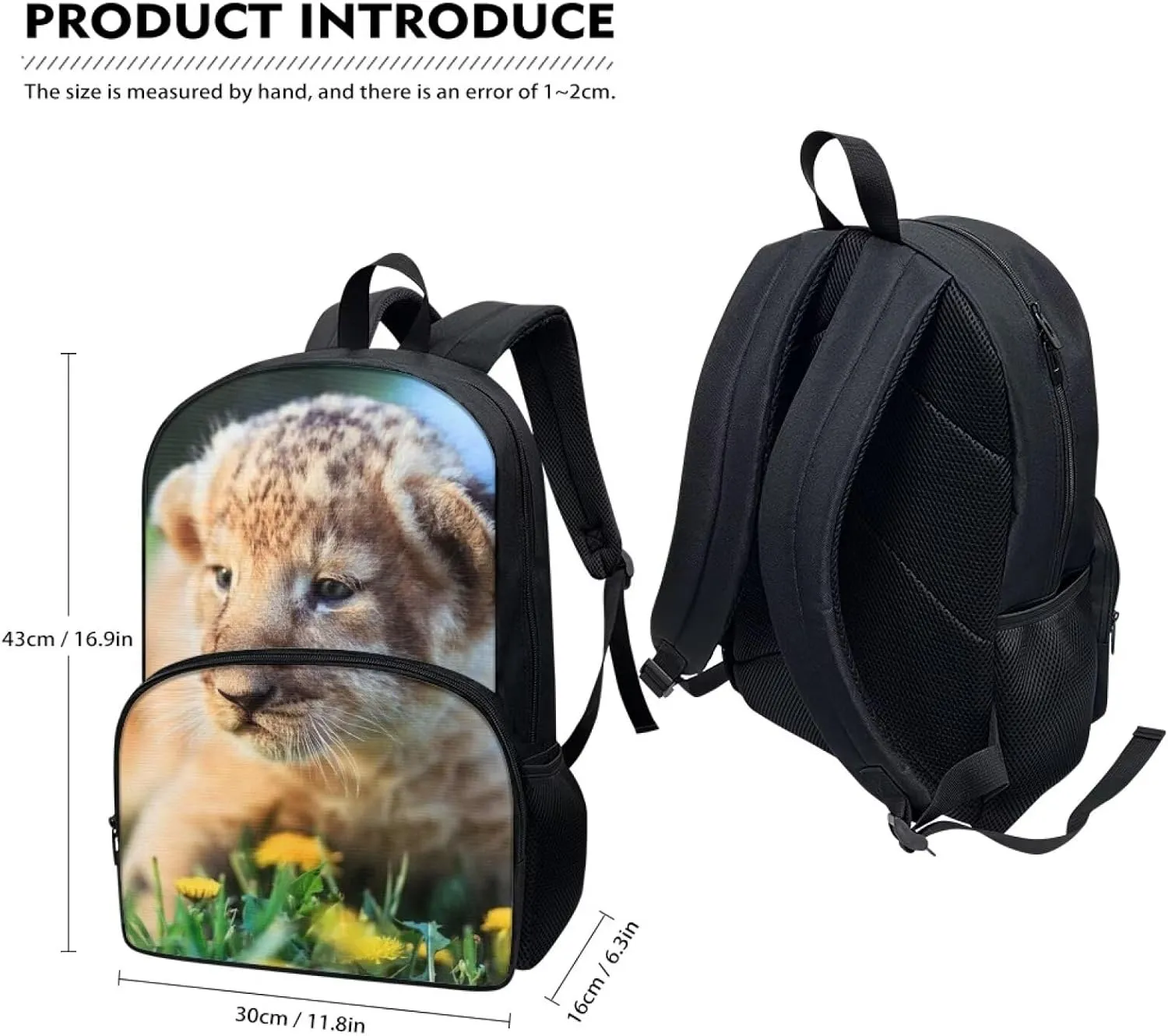 Kids Funny Animal Animal Lion Backpack for Boys Girls Comfy Padded Lightweight Sturdy Student School Backpack with Front Pocket Double Zipper 17 Inch Kids Basic Black Daypack Bookbag