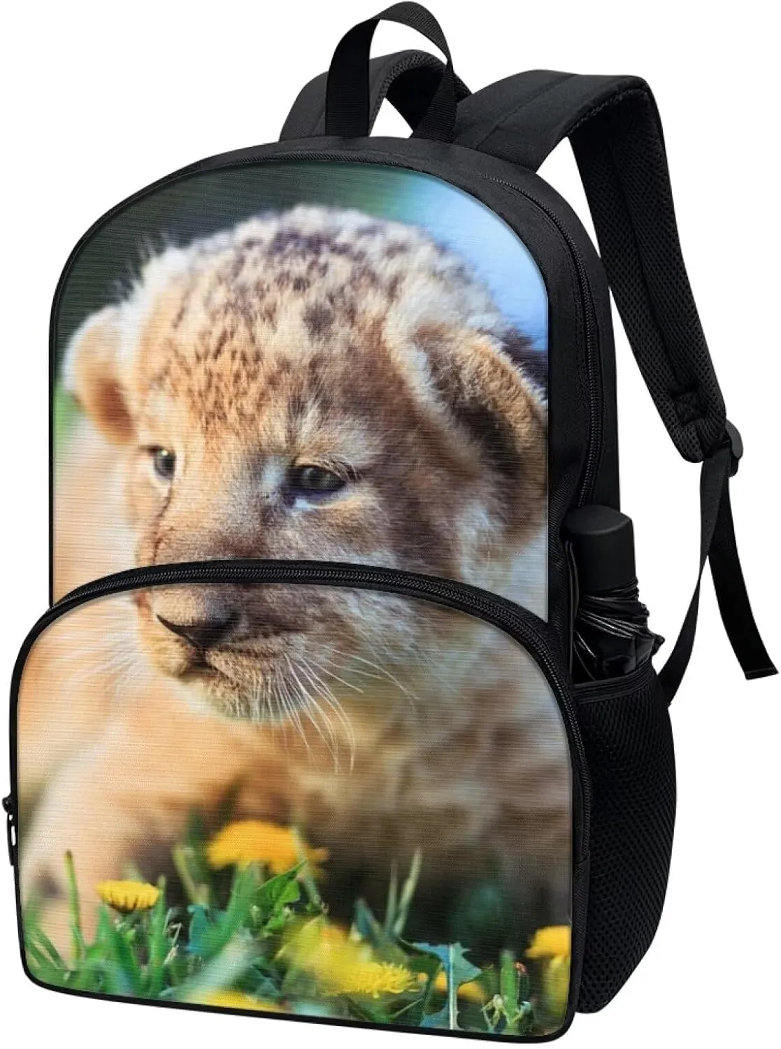 Kids Funny Animal Animal Lion Backpack for Boys Girls Comfy Padded Lightweight Sturdy Student School Backpack with Front Pocket Double Zipper 17 Inch Kids Basic Black Daypack Bookbag