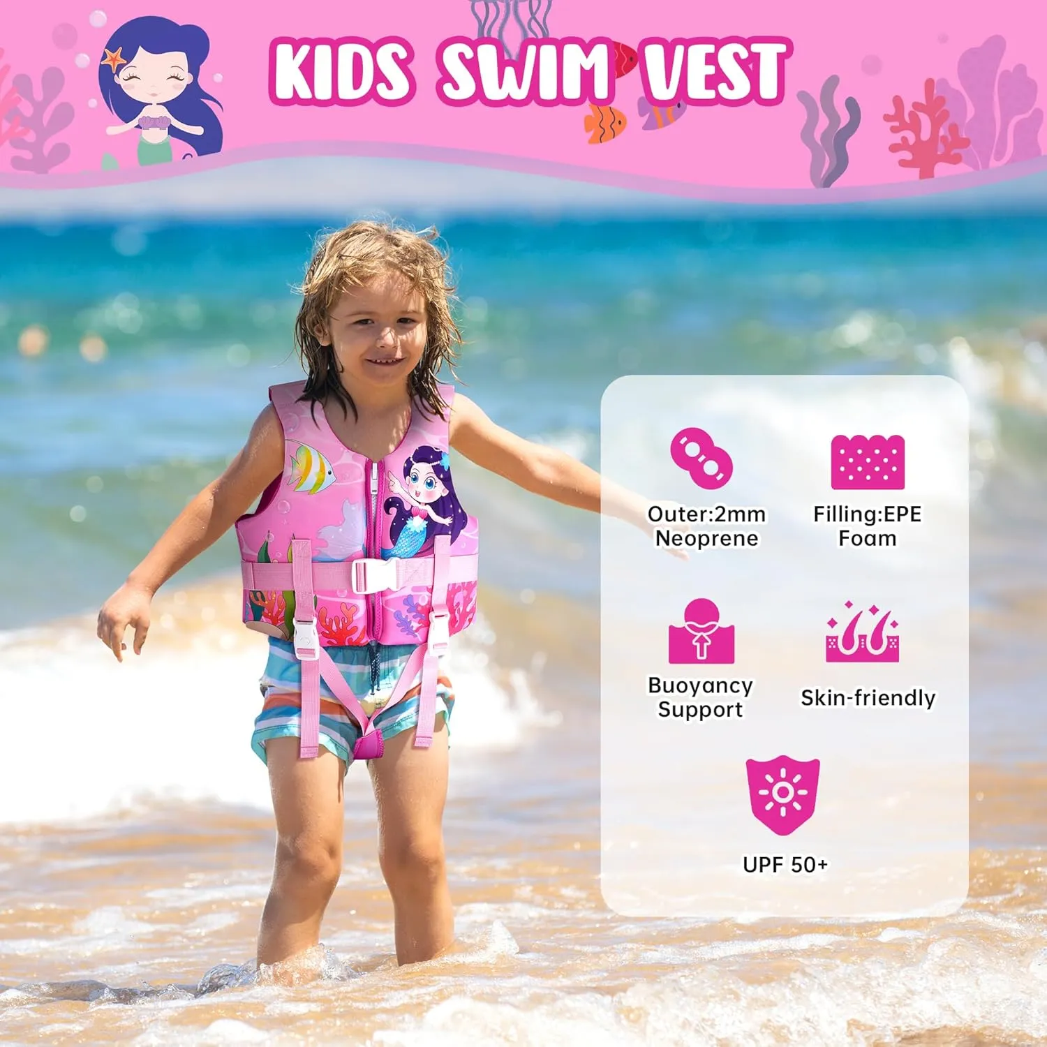 Kids Swim Vest, Toddler Floaties with Adjustable Safety Strap Swimming Aids Child Float Swimsuit for Boys and Girls Age 2-10 Years Old/22-88lbs