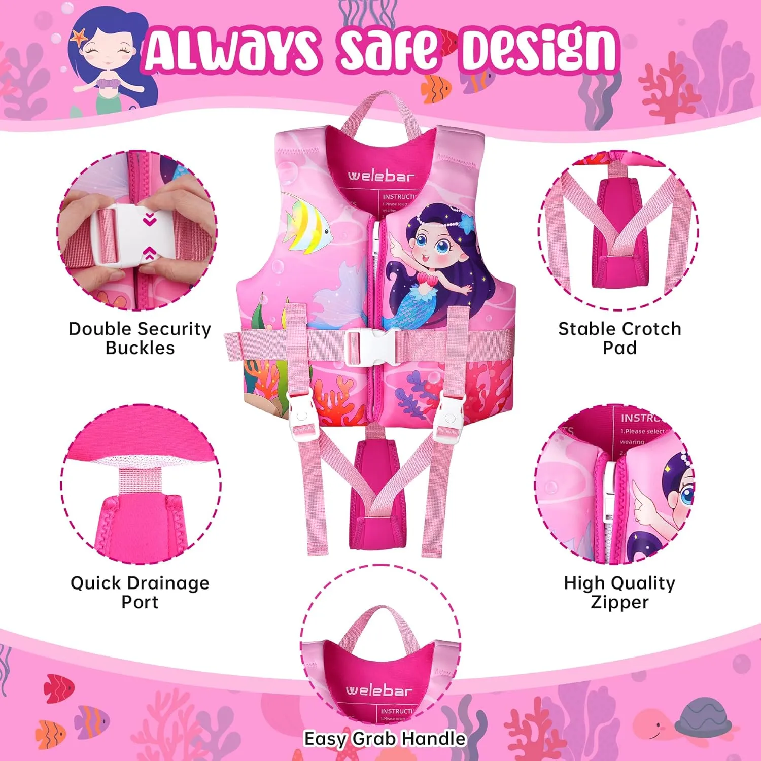 Kids Swim Vest, Toddler Floaties with Adjustable Safety Strap Swimming Aids Child Float Swimsuit for Boys and Girls Age 2-10 Years Old/22-88lbs