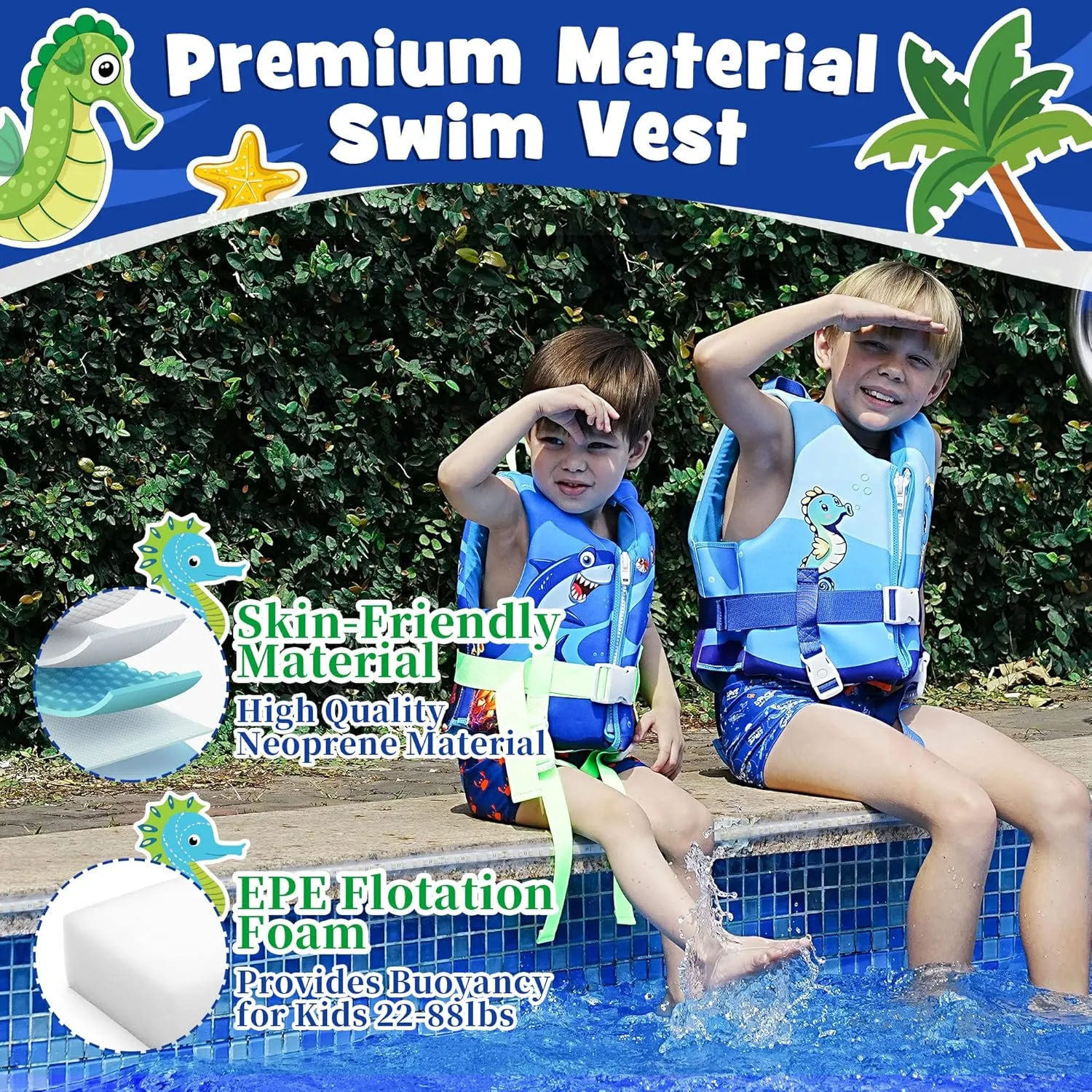 Kids Swim Vest, Toddler Floaties with Adjustable Safety Strap Swimming Aids Child Float Swimsuit for Boys and Girls Age 2-10 Years Old/22-88lbs