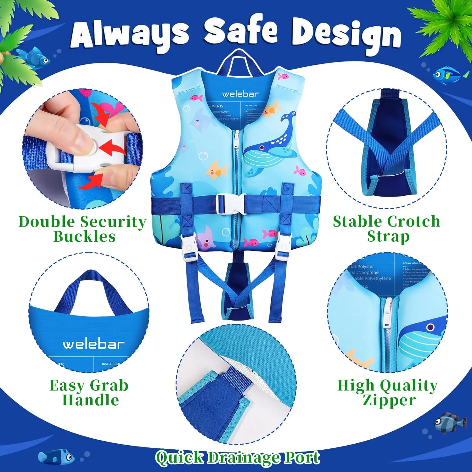 Kids Swim Vest, Toddler Floaties with Adjustable Safety Strap Swimming Aids Child Float Swimsuit for Boys and Girls Age 2-10 Years Old/22-88lbs