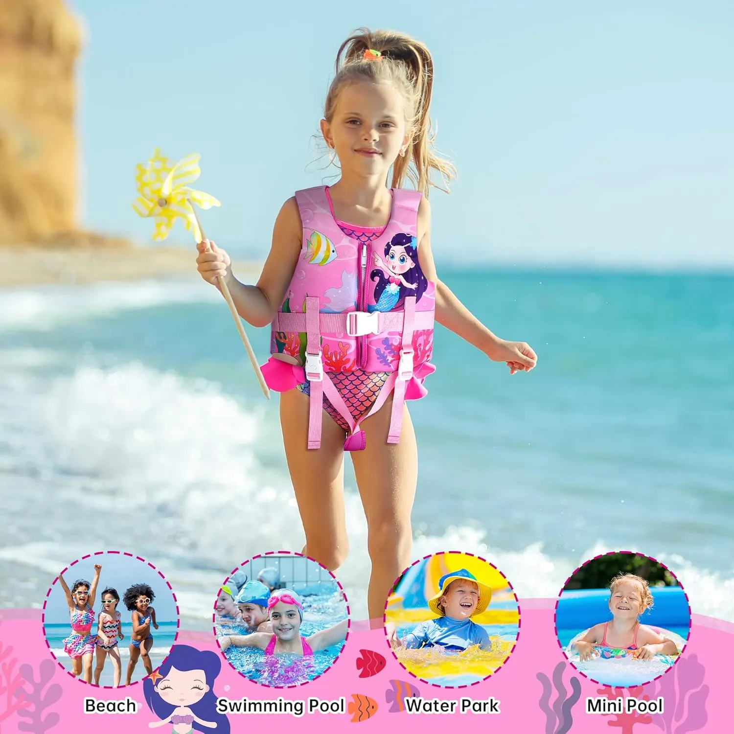 Kids Swim Vest, Toddler Floaties with Adjustable Safety Strap Swimming Aids Child Float Swimsuit for Boys and Girls Age 2-10 Years Old/22-88lbs