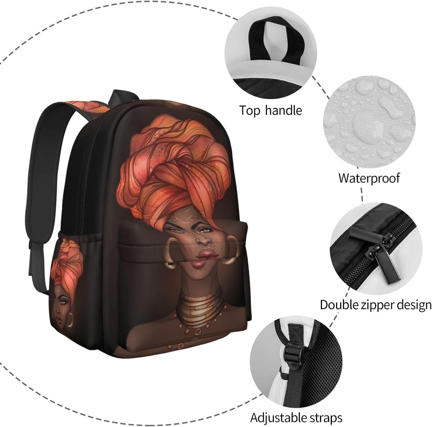KiuLoam 17 Inch Backpack Elegant African Women Laptop Backpack Shoulder Bag School Bookbag Casual Daypack