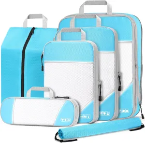 Kolvoii Compression Packing Cubes 6 Set, Ultralight Expandable Packing Cubes for Travel Essentials for Carry on Suitcase with Underwear Bag & Shoe Bag-Blue
