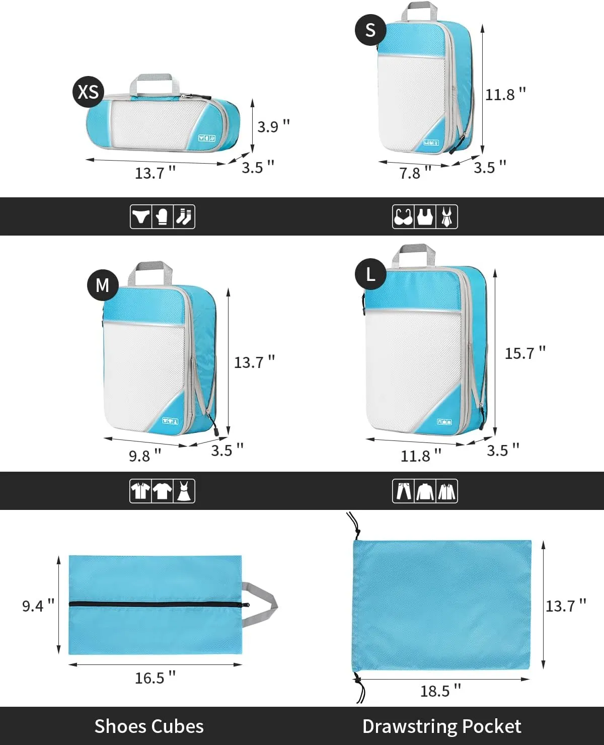 Kolvoii Compression Packing Cubes 6 Set, Ultralight Expandable Packing Cubes for Travel Essentials for Carry on Suitcase with Underwear Bag & Shoe Bag-Blue