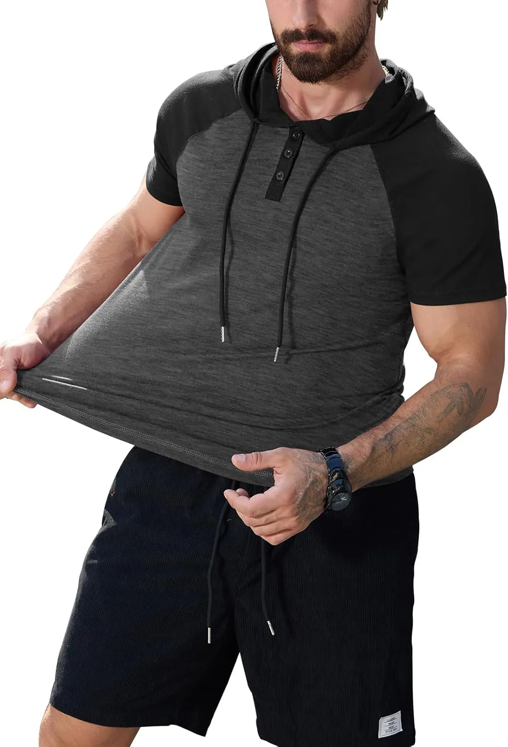 KUYIGO Mens Short Sleeve Hoodies Casual Athletic Workout Fashion Pullover Hooded Sweatshirt with Drawstring