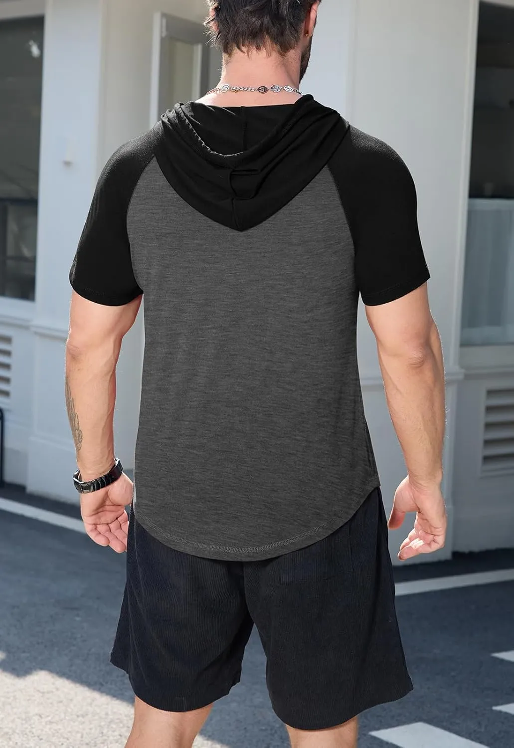KUYIGO Mens Short Sleeve Hoodies Casual Athletic Workout Fashion Pullover Hooded Sweatshirt with Drawstring