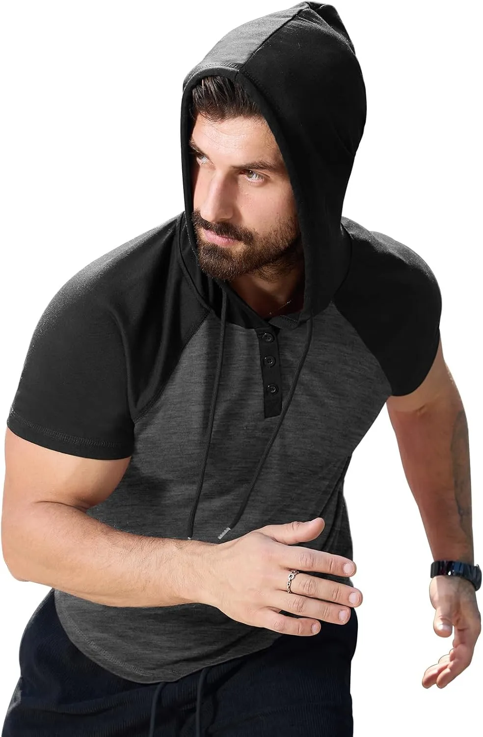KUYIGO Mens Short Sleeve Hoodies Casual Athletic Workout Fashion Pullover Hooded Sweatshirt with Drawstring