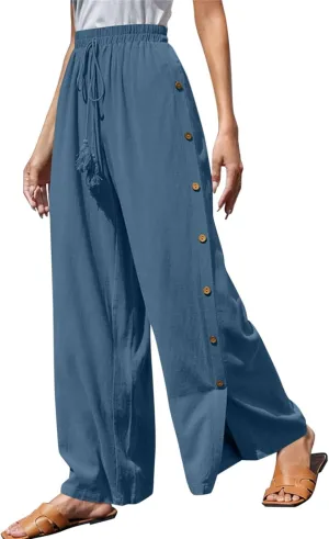 Ladies Wide Leg Pant Oversized Baggy Side Button Pleated High Waist Trouser Beach Jogger Boho Flowy Casual Sweatpants