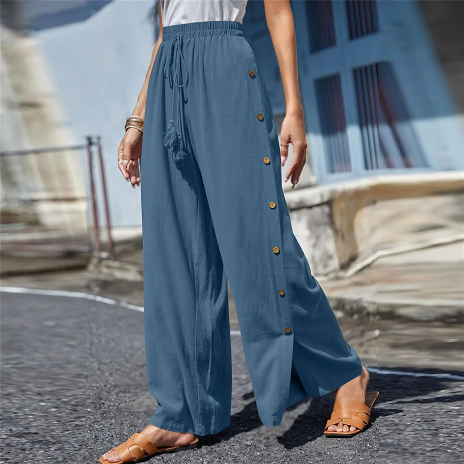 Ladies Wide Leg Pant Oversized Baggy Side Button Pleated High Waist Trouser Beach Jogger Boho Flowy Casual Sweatpants