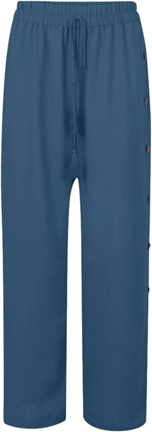 Ladies Wide Leg Pant Oversized Baggy Side Button Pleated High Waist Trouser Beach Jogger Boho Flowy Casual Sweatpants