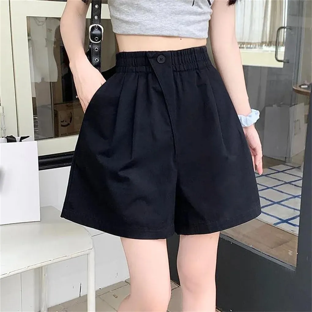 Lady Classic One Button Short Pants Women High Waisted Cotton Casual Vacation Shorts