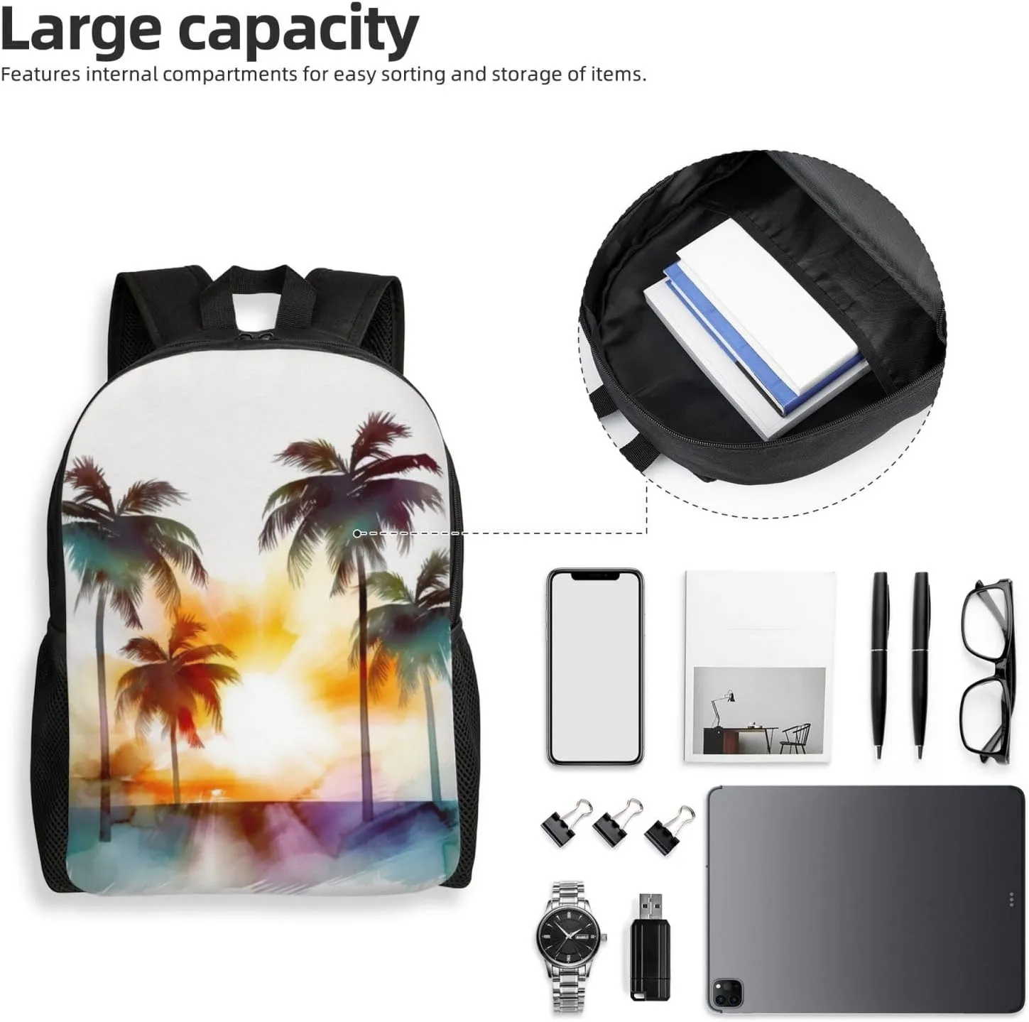 Laptop Backpack 16.1 Inch with Compartment Palm Trees Sunset Laptop Bag Lightweight Casual Daypack for Travel