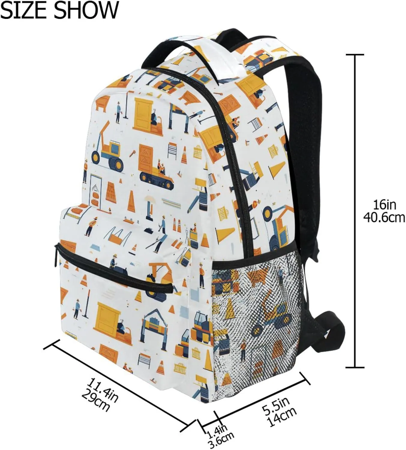 Laptop Backpack for Unisex Adult Waterproof Vintage Daypacks with Chest Strap for Travel Trip Construction Scene Concrete Mixer Truck Bulldozer