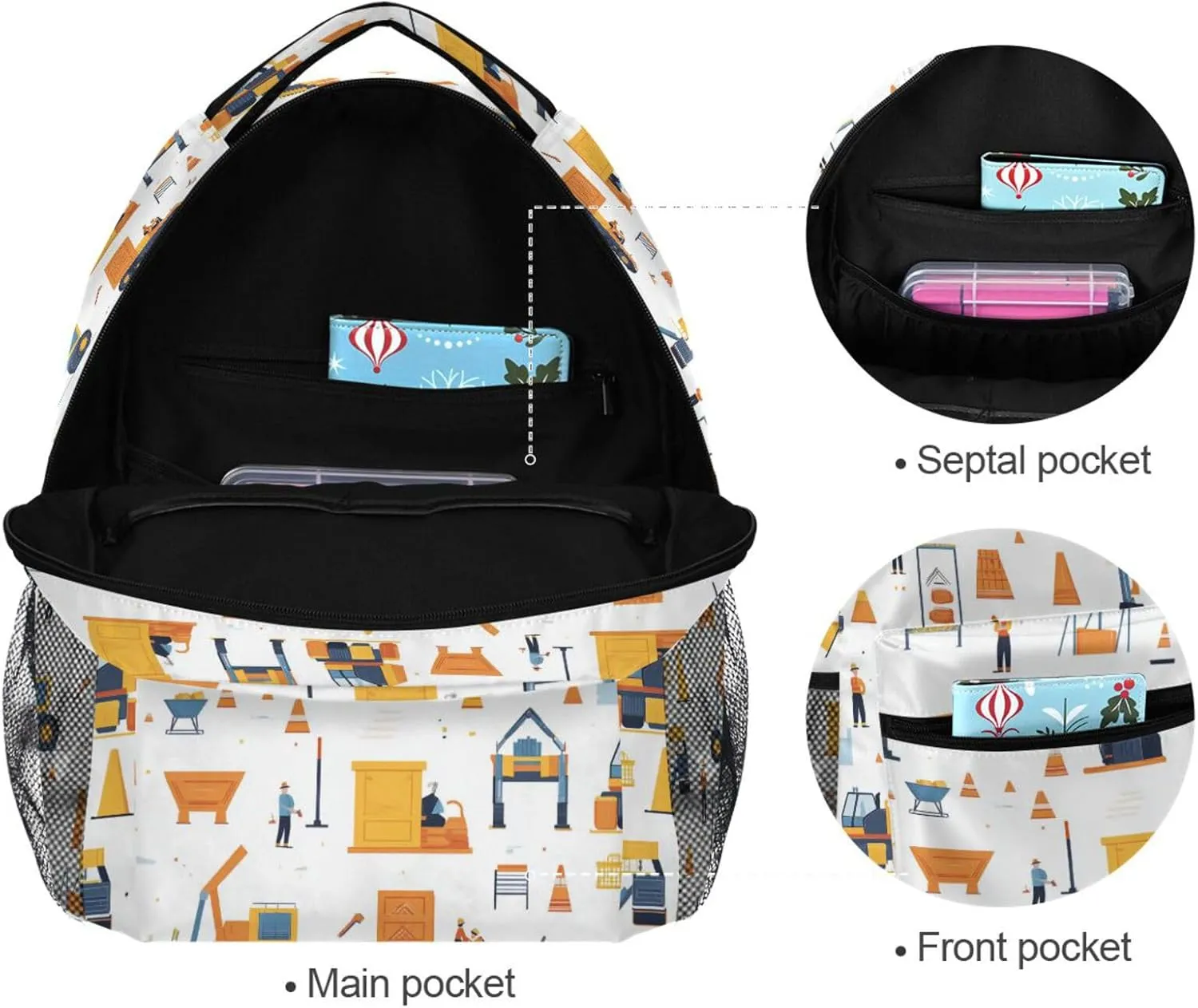Laptop Backpack for Unisex Adult Waterproof Vintage Daypacks with Chest Strap for Travel Trip Construction Scene Concrete Mixer Truck Bulldozer