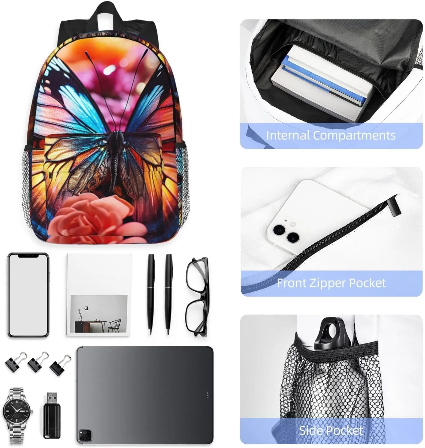Laptop Backpack Lightweight Backpack for Men Women Daypack Roses and butterflies Laptop Bag Casual Backpack for Travel