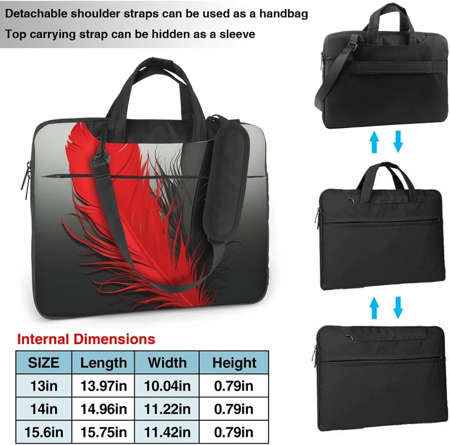 Laptop Sleeve Bag Shockproof Notebook Case Red and Black Feather Computer Carrying Case with Shoulder Strap 15.6 inch