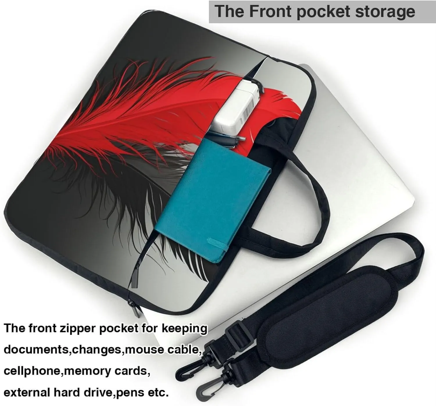 Laptop Sleeve Bag Shockproof Notebook Case Red and Black Feather Computer Carrying Case with Shoulder Strap 15.6 inch