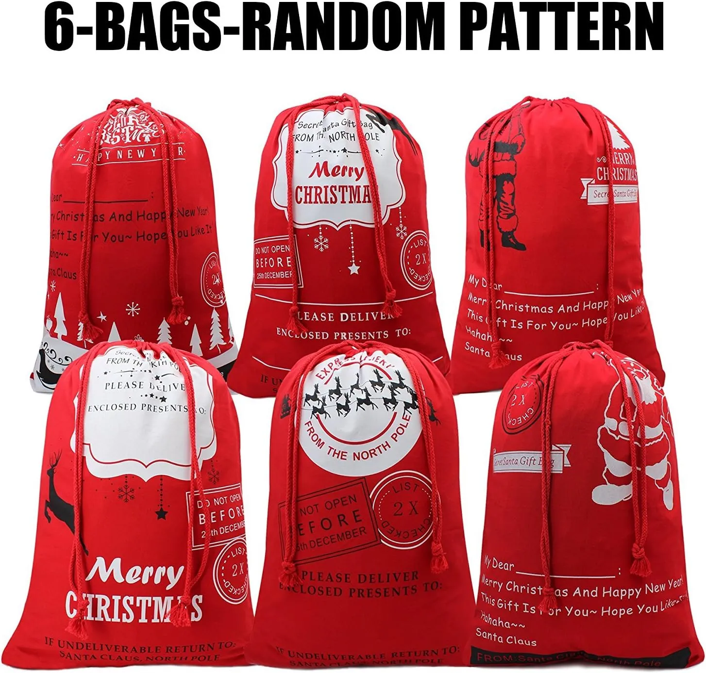 Large Christmas Sacks Santa Present Bag Christmas Gifts Sack Bags Elk Organic Heavy Canvas Bags with Red drawstring Bag, Big Reusable Shopping Bag(6 Random Patten)