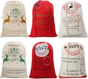 Large Christmas Sacks Santa Present Bag Christmas Gifts Sack Bags Elk Organic Heavy Canvas Bags with Red drawstring Bag, Big Reusable Shopping Bag(6 Random Patten)