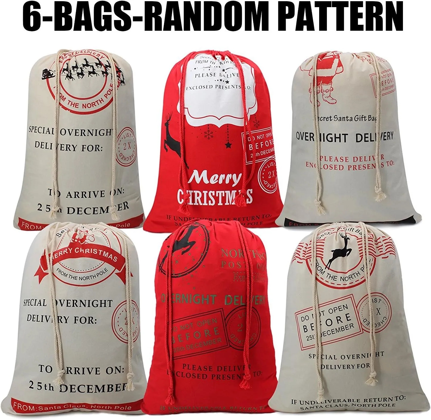 Large Christmas Sacks Santa Present Bag Christmas Gifts Sack Bags Elk Organic Heavy Canvas Bags with Red drawstring Bag, Big Reusable Shopping Bag(6 Random Patten)