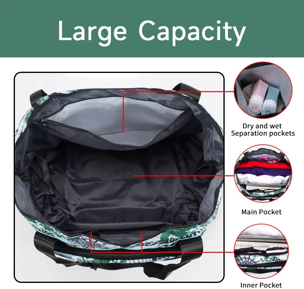Large Folding Travel Duffle Bag, Expandable Waterproof Gym Weekend Carry On Overnight Tote Bag for Women, Green Map