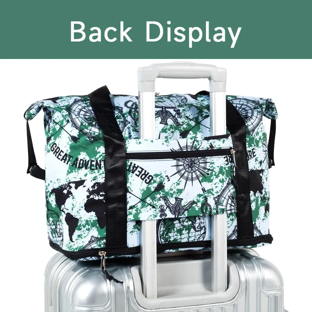 Large Folding Travel Duffle Bag, Expandable Waterproof Gym Weekend Carry On Overnight Tote Bag for Women, Green Map