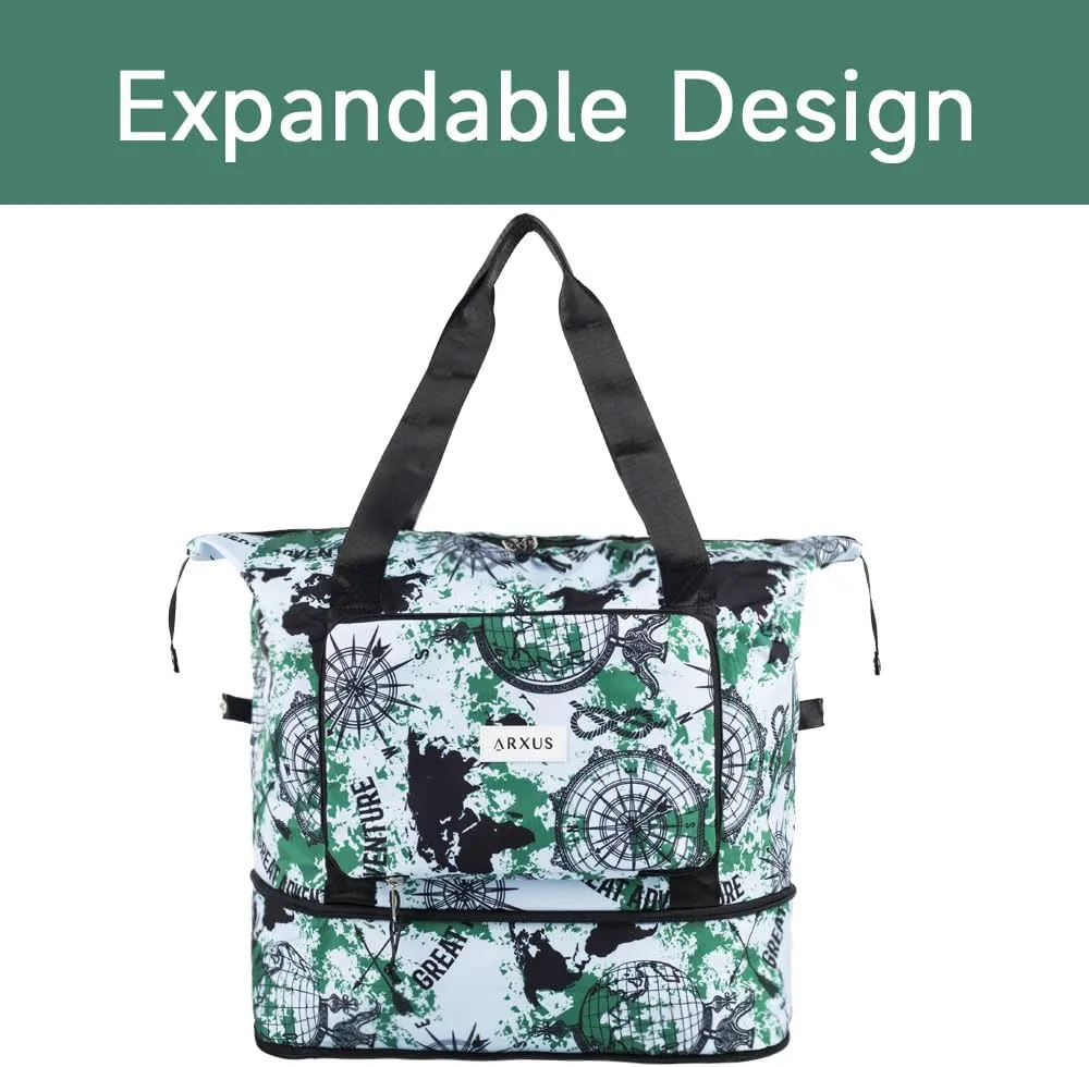 Large Folding Travel Duffle Bag, Expandable Waterproof Gym Weekend Carry On Overnight Tote Bag for Women, Green Map