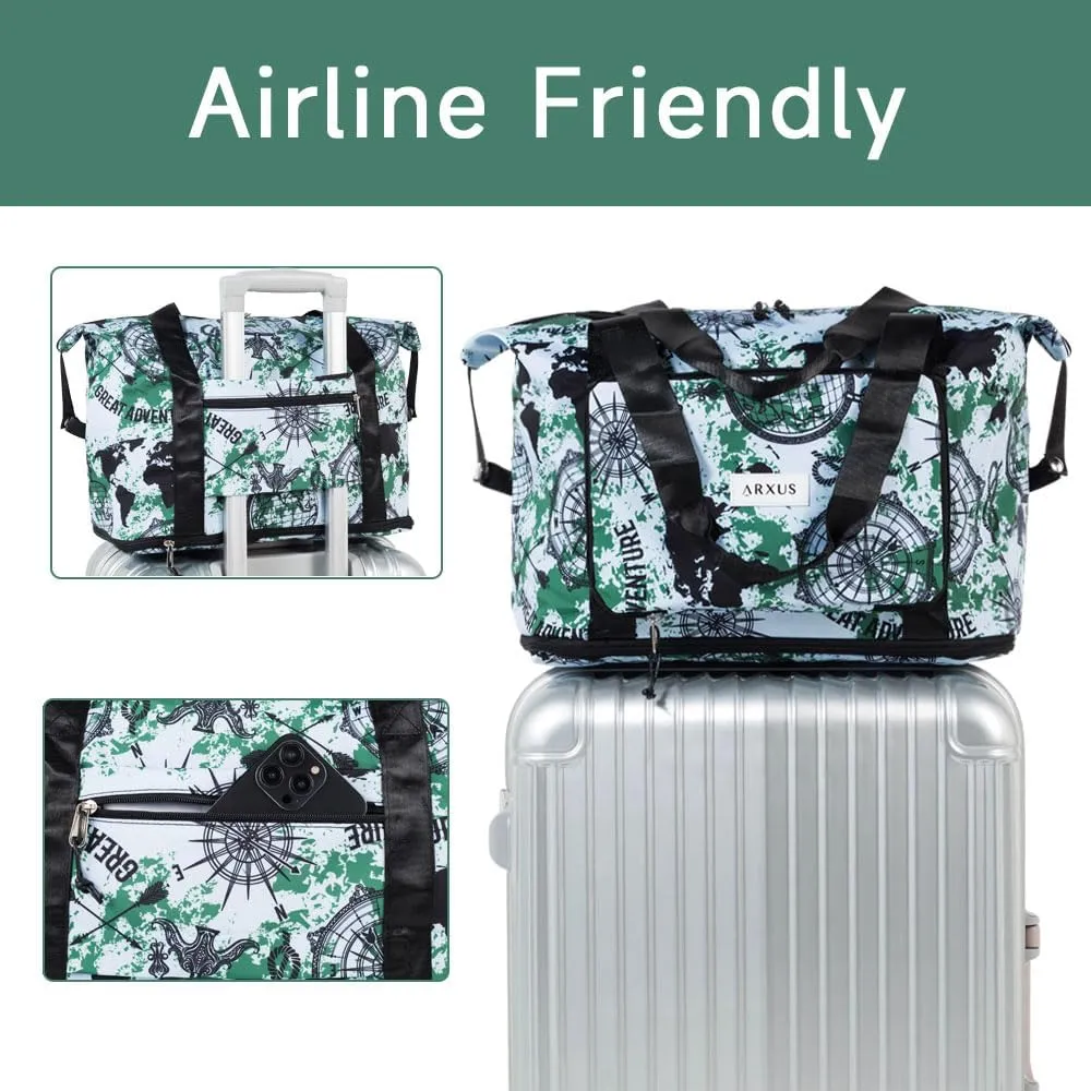 Large Folding Travel Duffle Bag, Expandable Waterproof Gym Weekend Carry On Overnight Tote Bag for Women, Green Map
