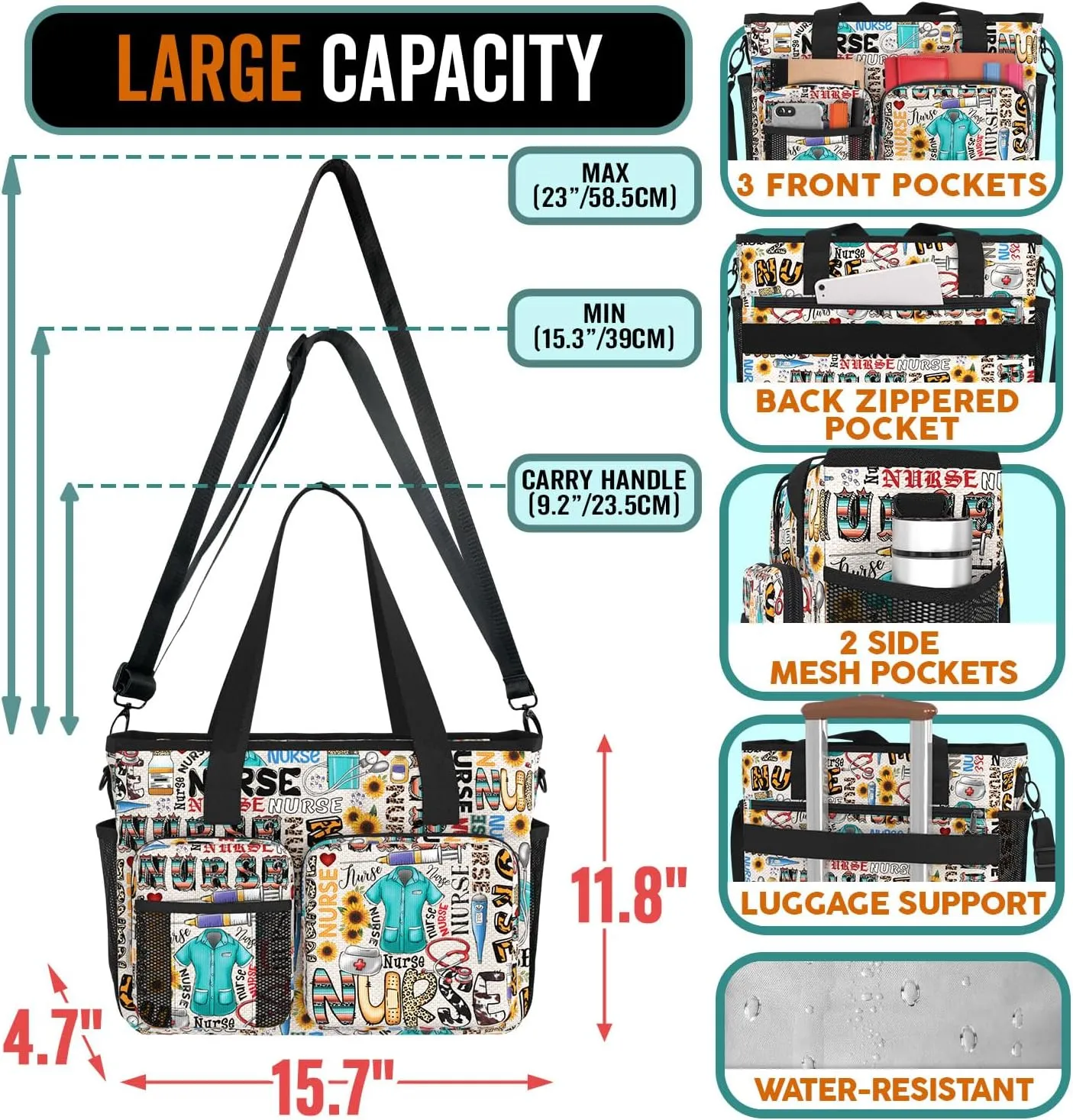 Large Nurse Work Bag. Waterproof Nurse Bag for Work. Shoulder Bag Nurse Tote Bag. Nursing Student Nurse Gift.