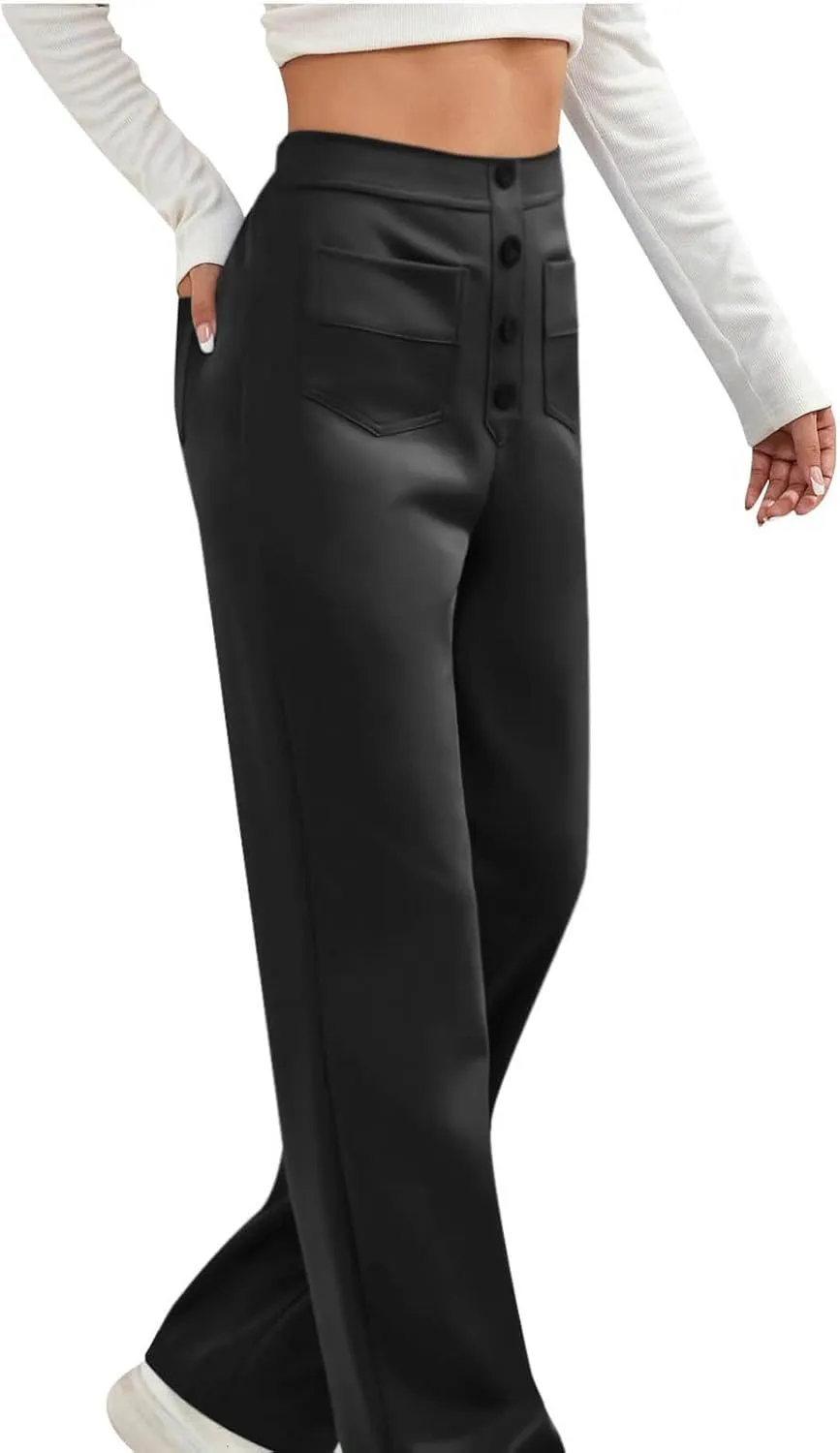 Lastesso Work Pants for Women Soft Long Straight Trousers Casual Wid Leg Pants High Waist Button Up Baggy Pants with Pockets