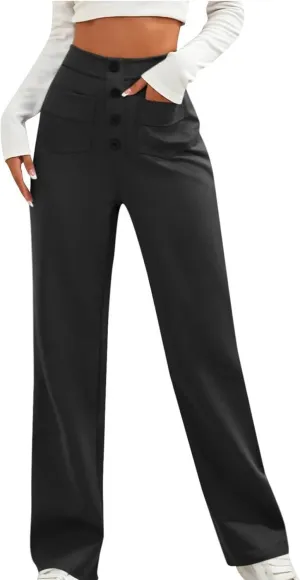 Lastesso Work Pants for Women Soft Long Straight Trousers Casual Wid Leg Pants High Waist Button Up Baggy Pants with Pockets