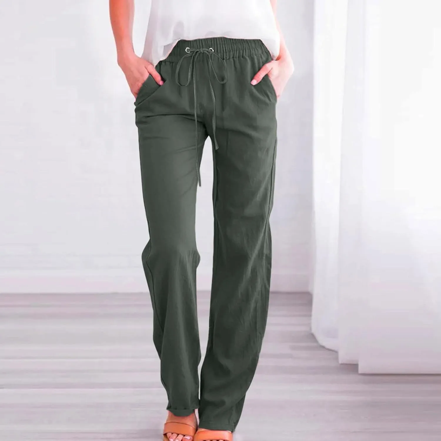 LCMTWX Womens Casual Pants Wide Leg Pants Casual Drawstring Elastic Trousers Comfy Straight Leg Long Pants Sweatpants for
