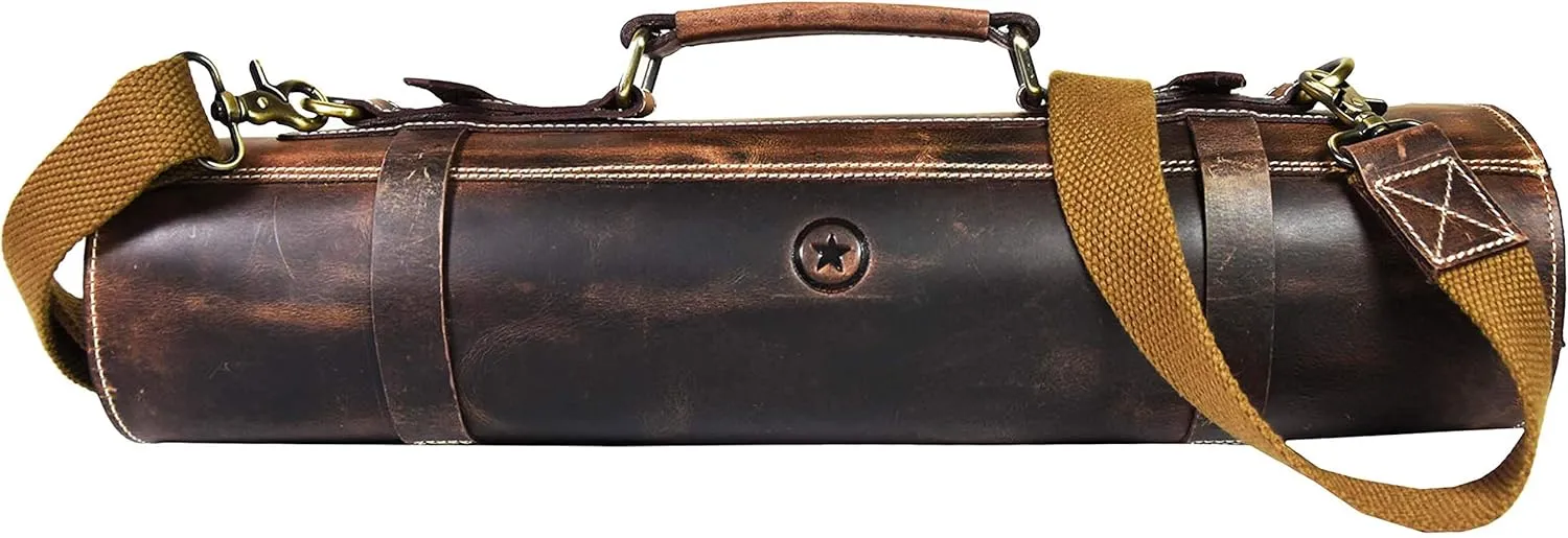 Leather Knife Roll Storage Bag, Elastic and Expandable 10 Pockets, Adjustable/Detachable Shoulder Strap, Travel-Friendly Chef Knife Case