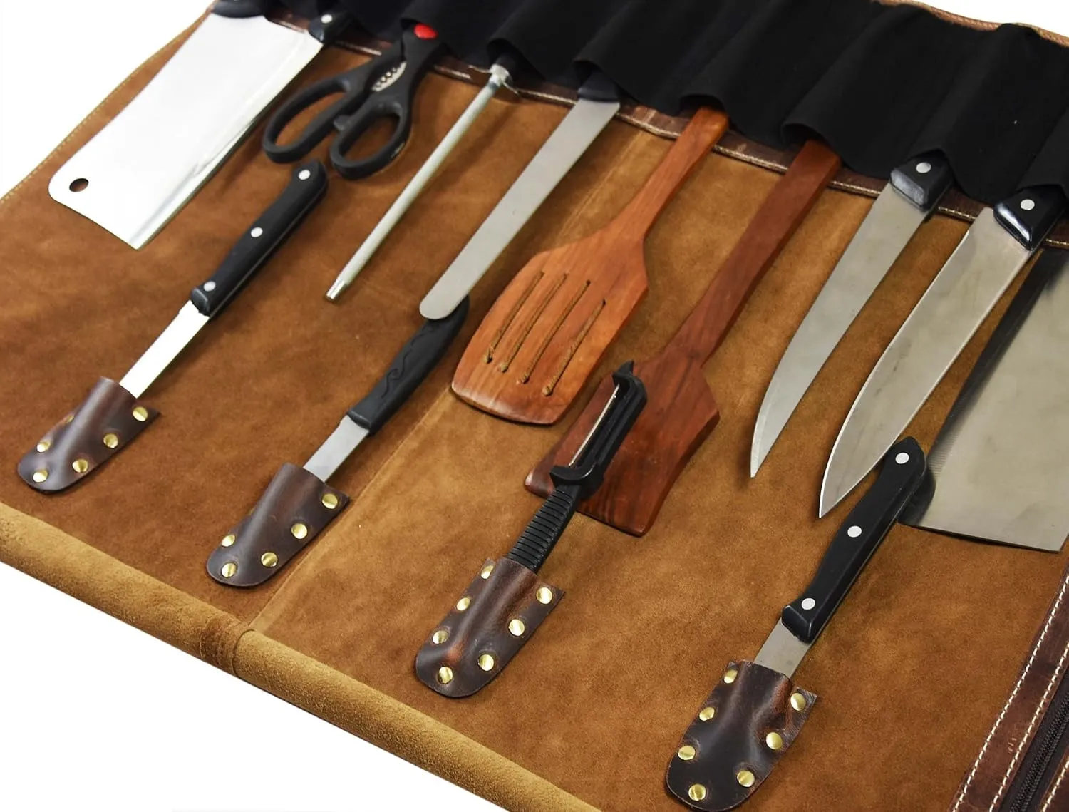 Leather Knife Roll Storage Bag, Elastic and Expandable 10 Pockets, Adjustable/Detachable Shoulder Strap, Travel-Friendly Chef Knife Case