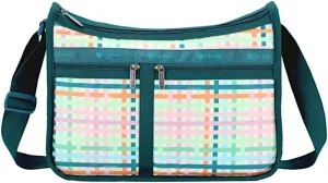 LeSportsac Mason Madras Deluxe Everyday Crossbody Bag   Cosmetic Bag, Style 7507/Color E875, Festive Tropical Hues, Modern & Fun Interpretative Plaid Design, Lively Weave Design, Chevron Background