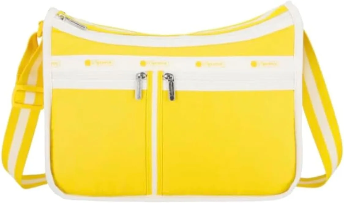 LeSportsac Spectator Freesia Deluxe Everyday Crossbody Bag   Cosmetic Bag, Style 7507/Color E848, Tropical Vibrant Golden Sunshine & Crisp White Unite Evoking Joy & Positivity, 2 Tone Trim/Strap