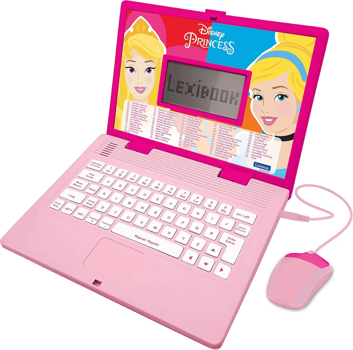 LEXIBOOK JC598DPi2 Disney Princess-Educational and Bilingual Laptop Spanish/English-Girls Toy with 124 Activities to Learn, Play Games and Music
