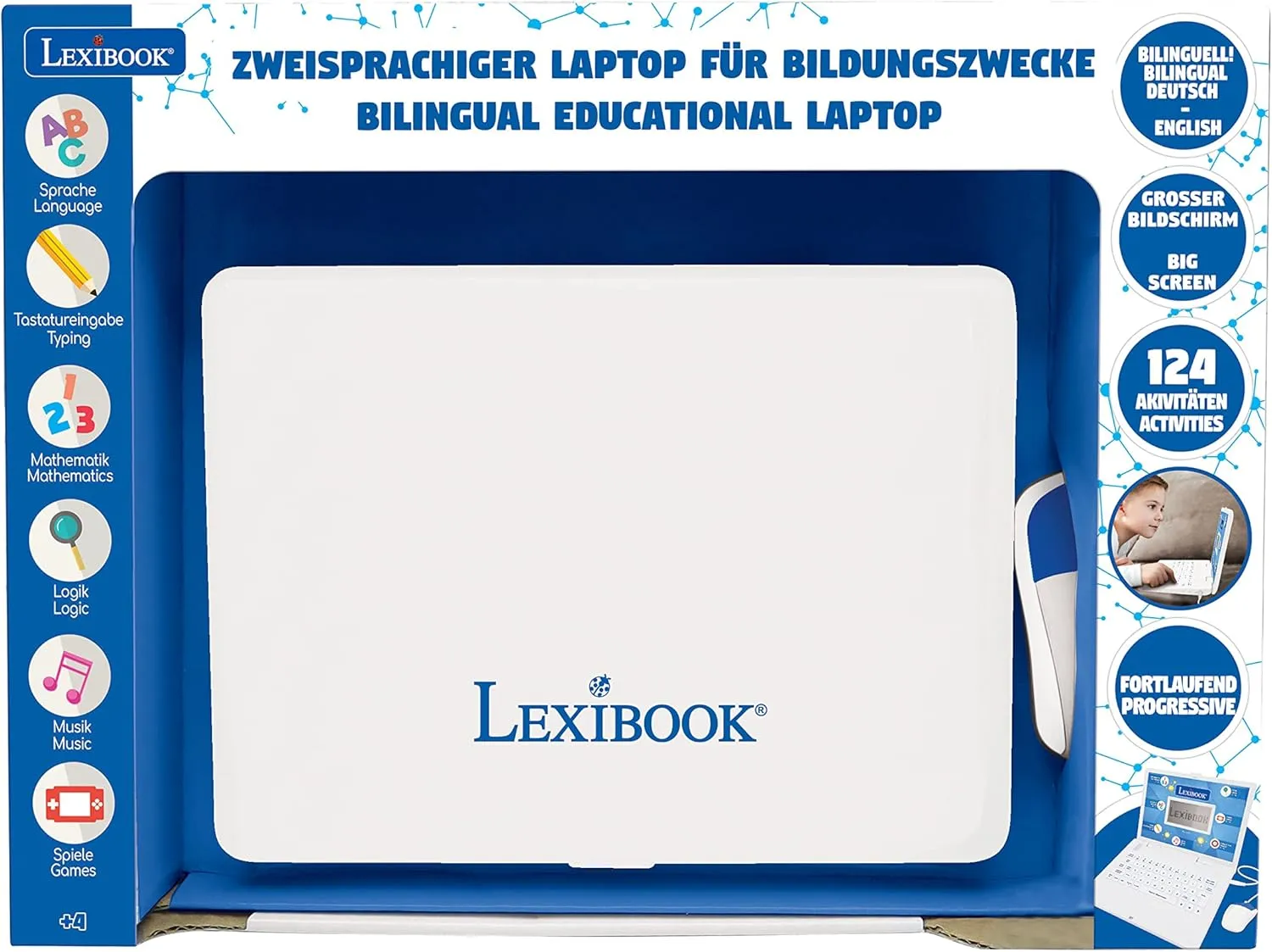 LEXIBOOK JC598i3 Educational and Bilingual Laptop German/English-Toy with 124 Activities to Learn, Play Games and Music-Blue/White