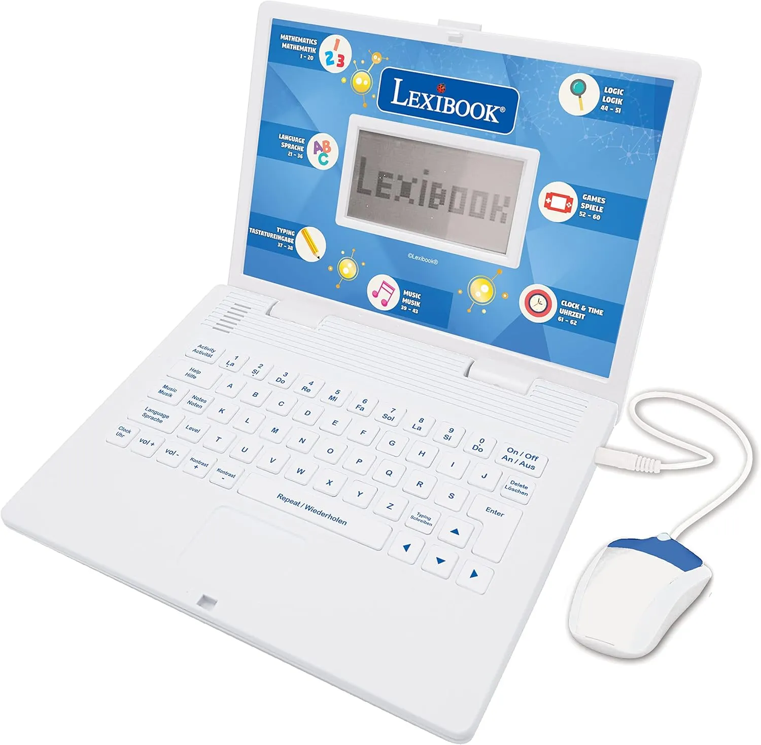 LEXIBOOK JC598i3 Educational and Bilingual Laptop German/English-Toy with 124 Activities to Learn, Play Games and Music-Blue/White