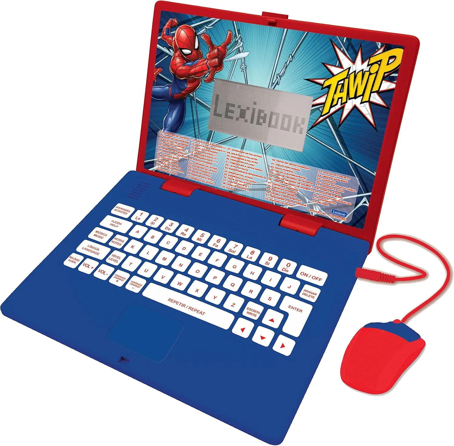 LEXIBOOK JC598SPi4 Marvel Spiderman-Educational and Bilingual Laptop Portuguese/English-Girls Toy with 124 Activities to Learn, Play Games and Music with Elsa & Anna-Blue/Red